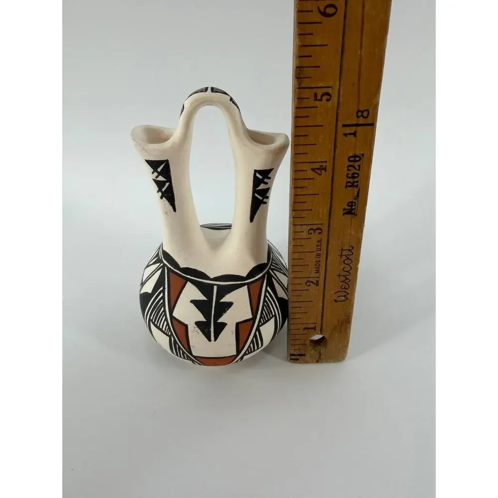Vintage Acoma NM Native American Pottery Wedding Vase Hand Painted Geometric
